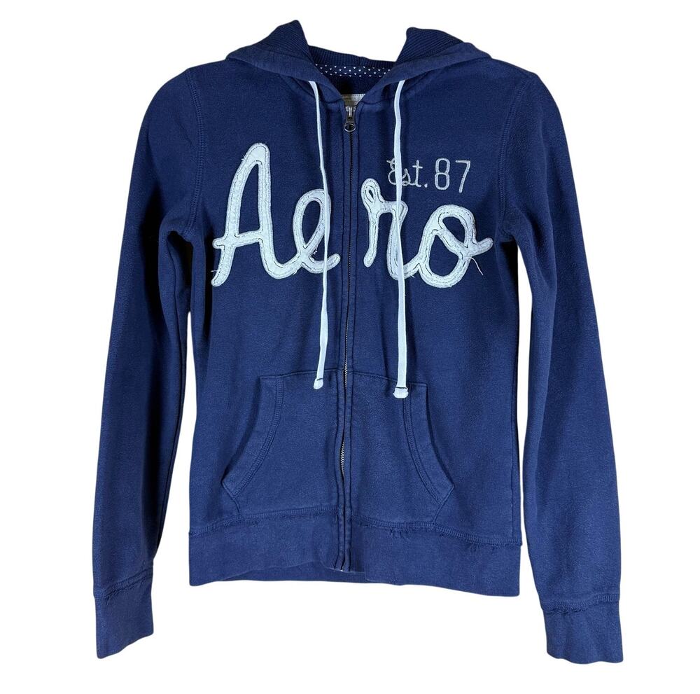 Vintage Y2K Aeropostale Hooded Jacket Women’s Small Blue Zip Up Aero Logo